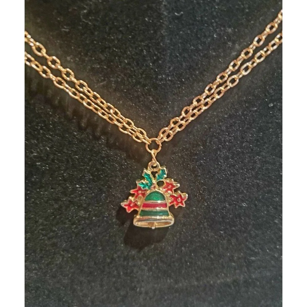 Christmas Bell Pendant Gold Tone Double Chain Necklace 22.5" Holiday Jewelry - Picture 3 of 7